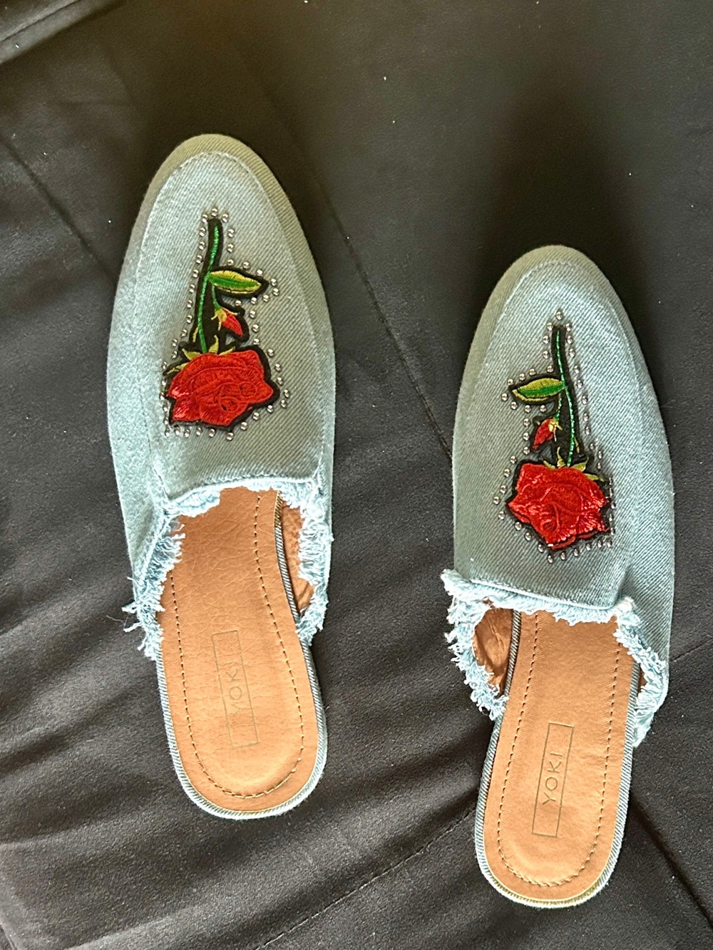 Yoki Green Denim Slip-On Mules with Red Rose Patch